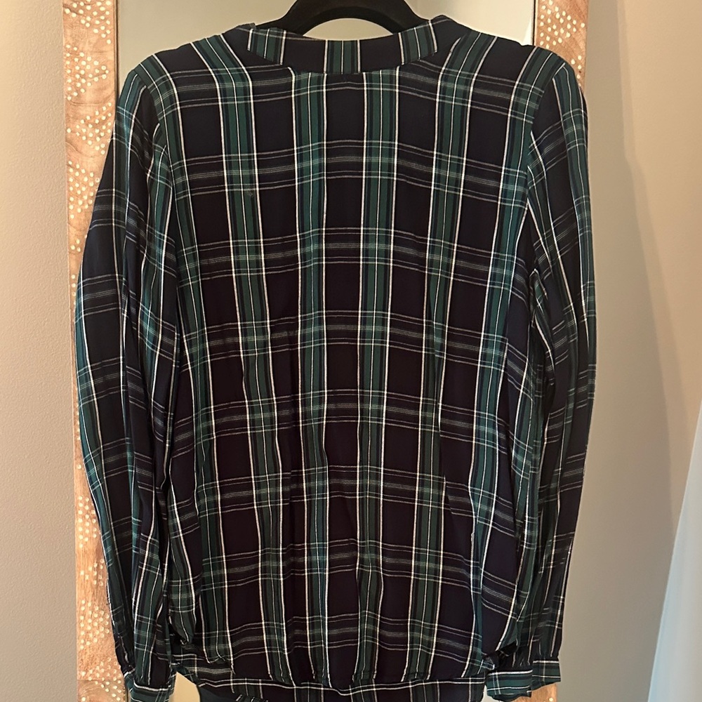 LOFT Navy and Green Plaid Top